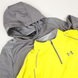 Under Armour Mens Large Gray Hoodie Neon Yellow Heat Gear Loose 1/4 Zip Shirt